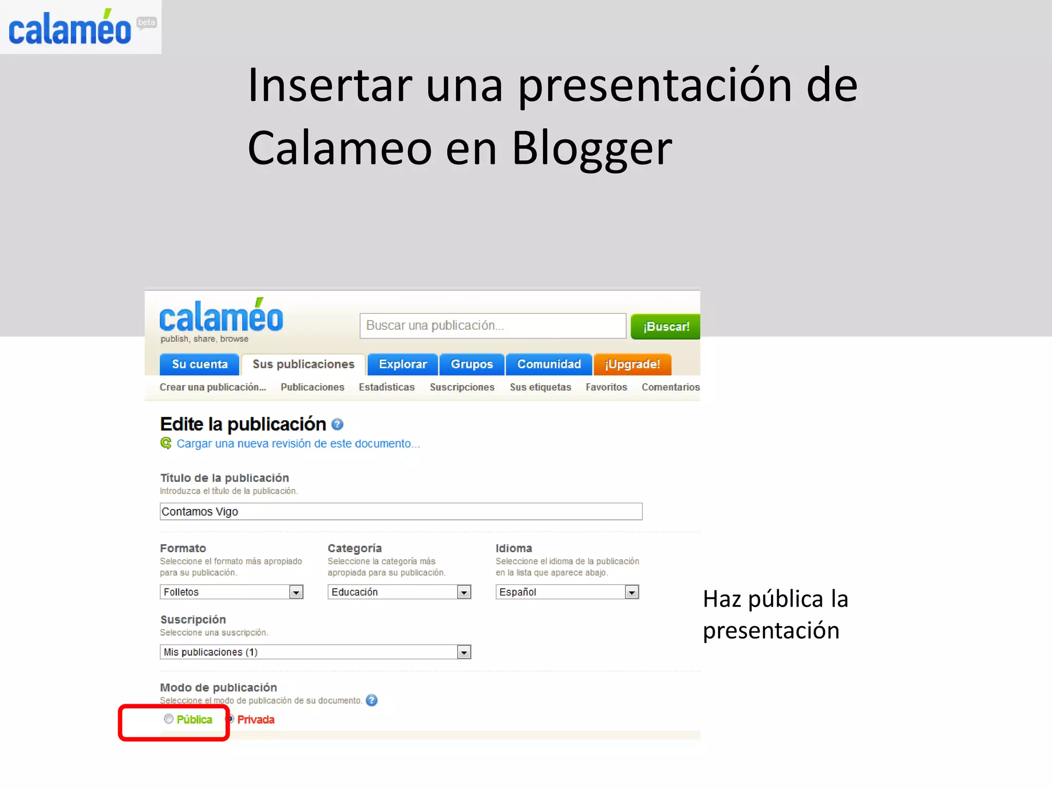 Insertar una presentación de
Calameo en Blogger




                    Haz pública la
                    presentación
 