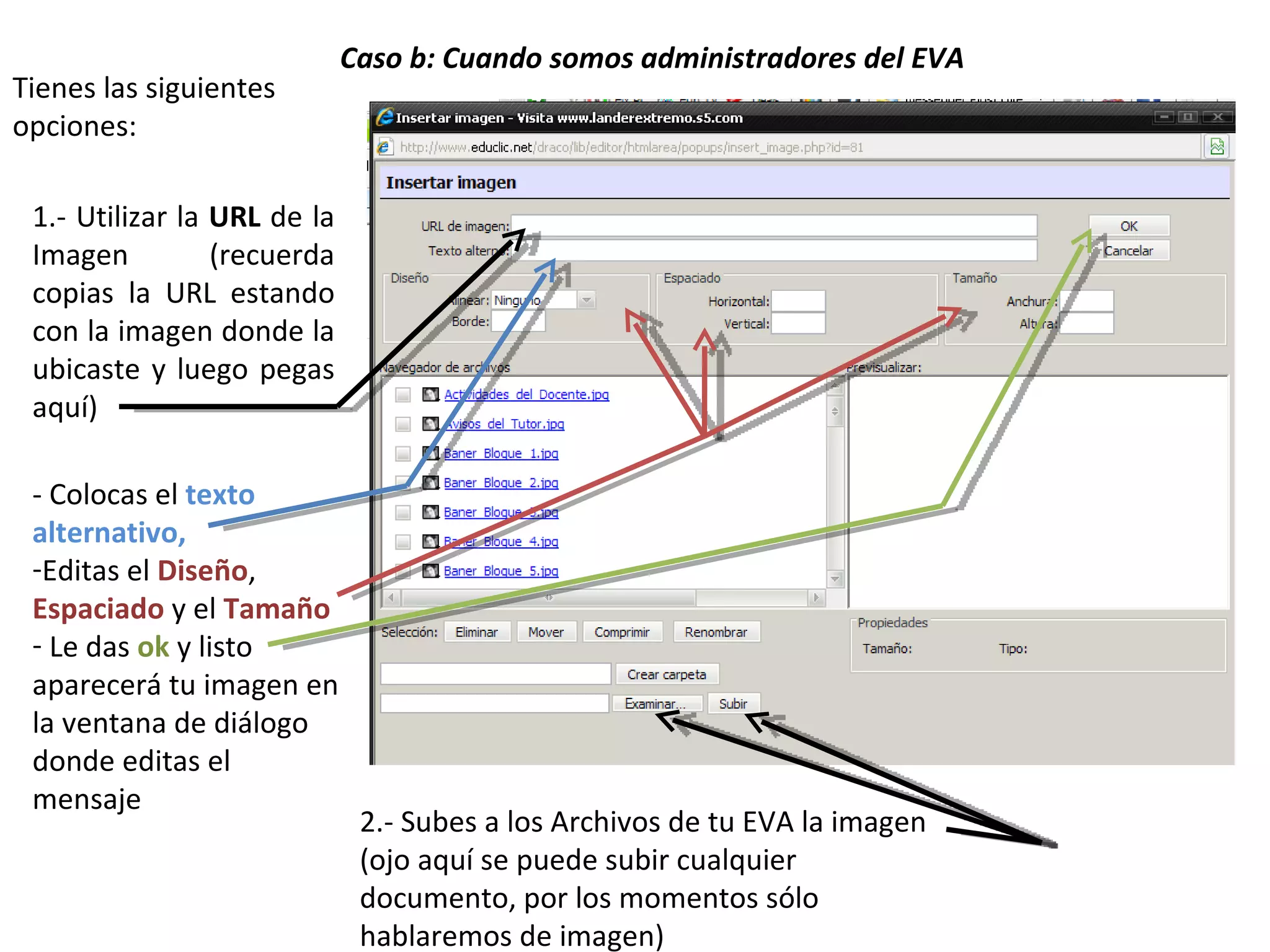 Caso b: Cuando somos administradores del EVA Tienes las siguientes opciones: 1.- Utilizar la  URL  de la Imagen (recuerda copias la URL estando con la imagen donde la ubicaste y luego pegas aquí) 2.- Subes a los Archivos de tu EVA la imagen (ojo aquí se puede subir cualquier documento, por los momentos sólo hablaremos de imagen) - Colocas el  texto alternativo,   Editas el  Diseño ,  Espaciado  y el  Tamaño Le das  ok  y listo aparecerá tu imagen en la ventana de diálogo  donde editas el mensaje 