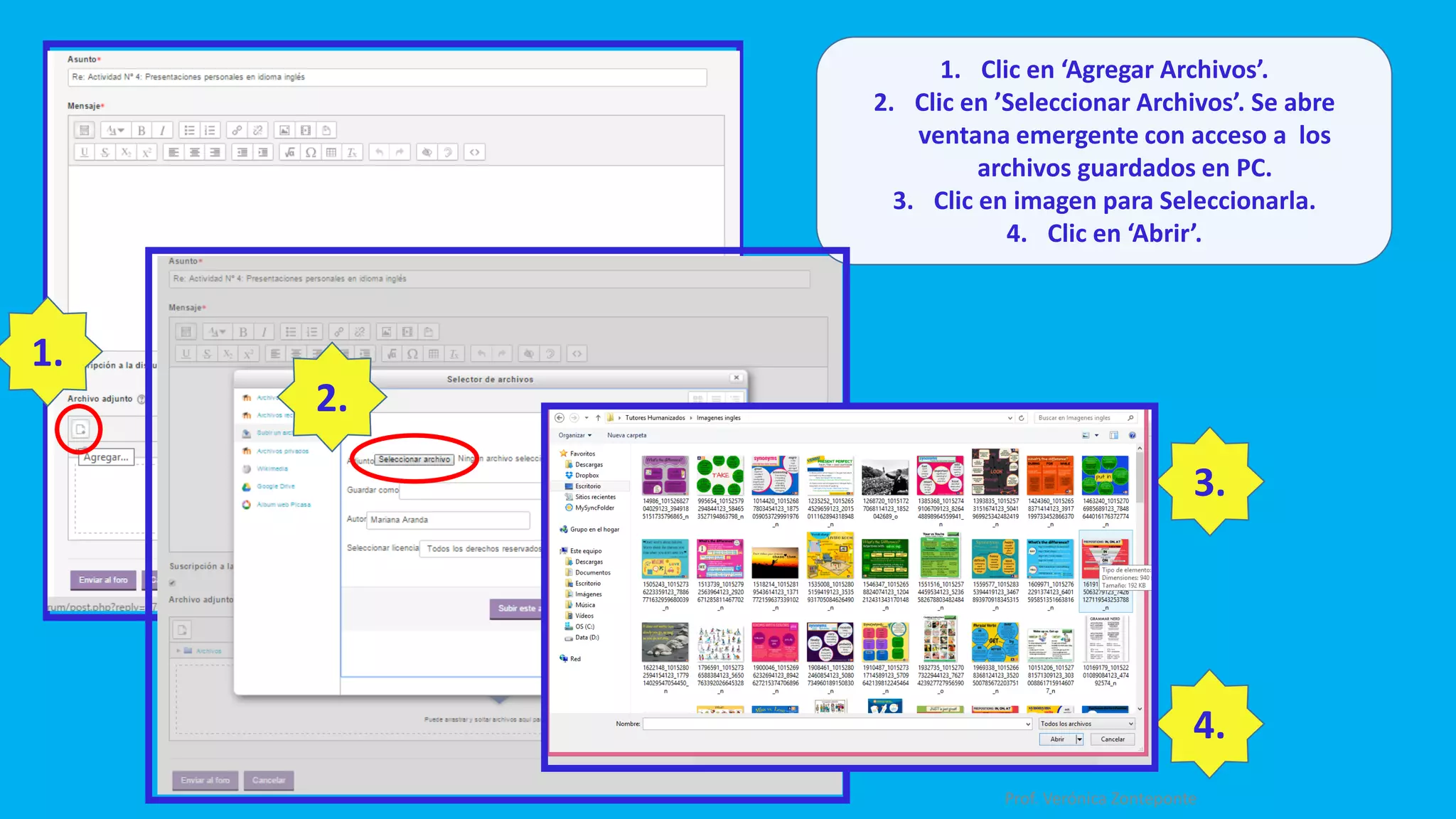 5.
Aparece el archivo
seleccionado.
5. Clic en ‘Subir este archivo’.
6. Escribir en cuerpo de la intervención.
7. Clic en ‘Enviar al Foro’.
6.
7.
Texto que acompaña.
Imagen Adjunta.
Así aparece la imagen en
el foro. No se puede
modificar su tamaño.
7
 