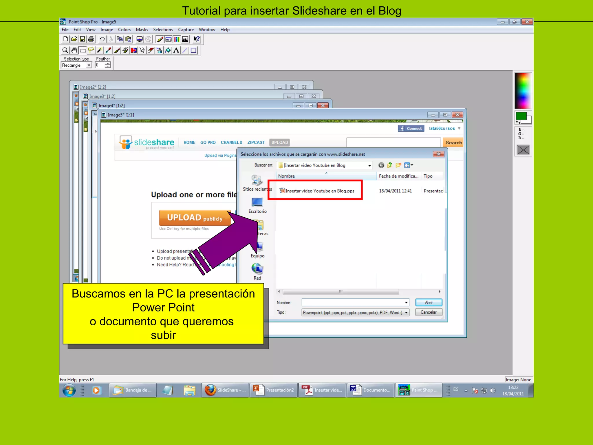 Buscamos en la PC la presentación Power Point  o documento que queremos  subir 