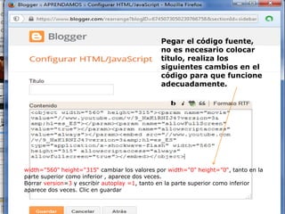 Pegar el código fuente, no es necesario colocar titulo, realiza los siguientes cambios en el código para que funcione adecuadamente. 
width="560" height="315“ cambiar los valores por width="0" height="0“, tanto en la parte superior como inferior , aparece dos veces. 
Borrar version=3 y escribir autoplay =1, tanto en la parte superior como inferior aparece dos veces. Clic en guardar  