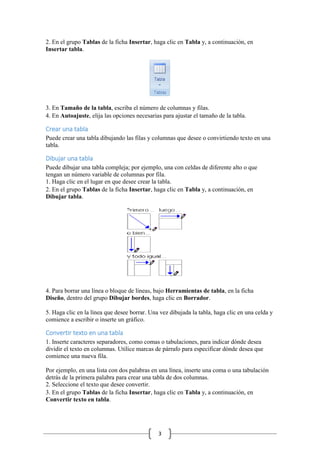 2. En el grupo Tablas de la ficha Insertar, haga clic en Tabla y, a continuación, en
Insertar tabla.

3. En Tamaño de la tabla, escriba el número de columnas y filas.
4. En Autoajuste, elija las opciones necesarias para ajustar el tamaño de la tabla.

Crear una tabla
Puede crear una tabla dibujando las filas y columnas que desee o convirtiendo texto en una
tabla.

Dibujar una tabla
Puede dibujar una tabla compleja; por ejemplo, una con celdas de diferente alto o que
tengan un número variable de columnas por fila.
1. Haga clic en el lugar en que desee crear la tabla.
2. En el grupo Tablas de la ficha Insertar, haga clic en Tabla y, a continuación, en
Dibujar tabla.

4. Para borrar una línea o bloque de líneas, bajo Herramientas de tabla, en la ficha
Diseño, dentro del grupo Dibujar bordes, haga clic en Borrador.
5. Haga clic en la línea que desee borrar. Una vez dibujada la tabla, haga clic en una celda y
comience a escribir o inserte un gráfico.

Convertir texto en una tabla
1. Inserte caracteres separadores, como comas o tabulaciones, para indicar dónde desea
dividir el texto en columnas. Utilice marcas de párrafo para especificar dónde desea que
comience una nueva fila.
Por ejemplo, en una lista con dos palabras en una línea, inserte una coma o una tabulación
detrás de la primera palabra para crear una tabla de dos columnas.
2. Seleccione el texto que desee convertir.
3. En el grupo Tablas de la ficha Insertar, haga clic en Tabla y, a continuación, en
Convertir texto en tabla.

3

 