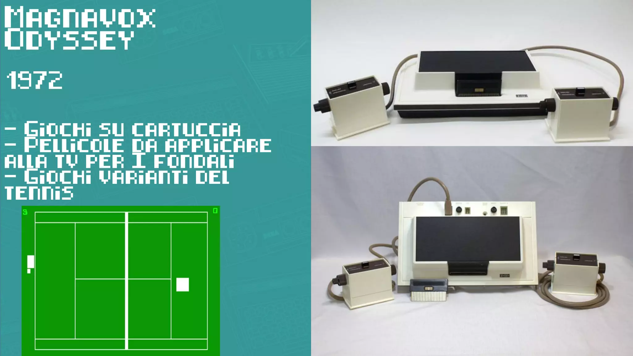 Magnavox
Odyssey
1972
- Giochi su cartuccia
- Pellicole da applicare
alla tv per I fondali
- Giochi varianti del
tennis
 