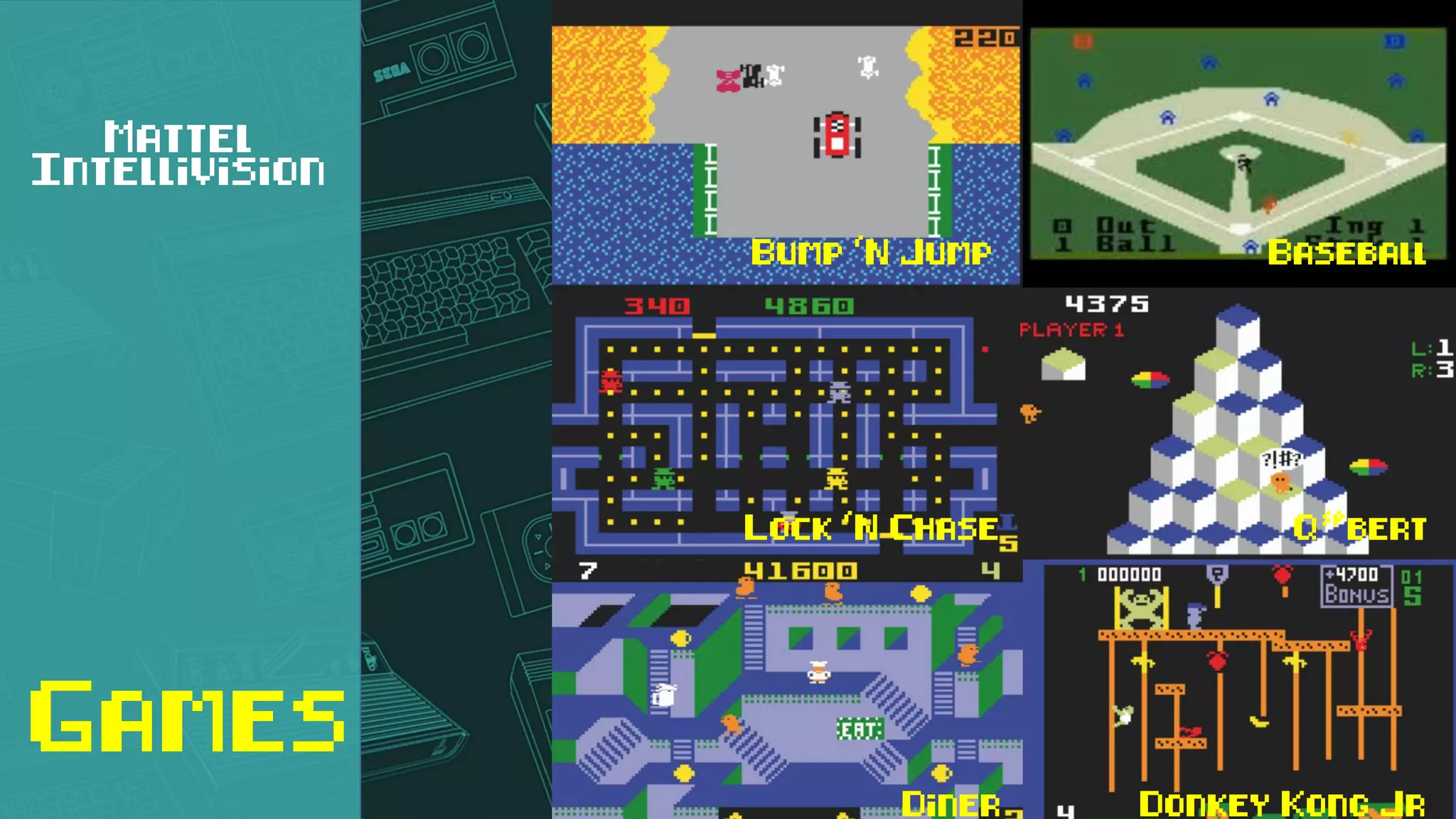 Mattel
Intellivision
Games
Donkey Kong JrDiner
Lock ‘N Chase Q*bert
Bump ‘N Jump Baseball
 