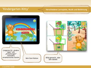 "Kindergarten Kitty"                          Verschiedene Lernspiele, Musik und Belohnung




                      ?



 Longpress für „Andere
       Apps“ und
    „Einstellungen“
      verhindert
versehentliches Starten                       Billig gemacht, aber
                          Kein Start-Button
                                                   sehr beliebt



© insertEFFECT GmbH
 