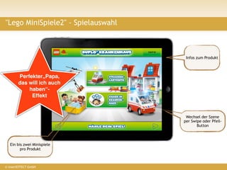 "Lego MiniSpiele2" - Spielauswahl



                                     Infos zum Produkt



        Perfekter„Papa,
        das will ich auch
            haben“-


                             ?
             Effekt


                                     Wechsel der Szene
                                    per Swipe oder Pfeil-
                                           Button



   Ein bis zwei Minispiele
         pro Produkt



© insertEFFECT GmbH
 