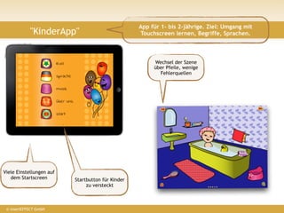 App für 1- bis 2-jährige. Ziel: Umgang mit
            "KinderApp"                            Touchscreen lernen, Begriffe, Sprachen.



                                                        Wechsel der Szene
                                                        über Pfeile, wenige
                       ?                                  Fehlerquellen




Viele Einstellungen auf
   dem Startscreen        Startbutton für Kinder
                               zu versteckt



 © insertEFFECT GmbH
 