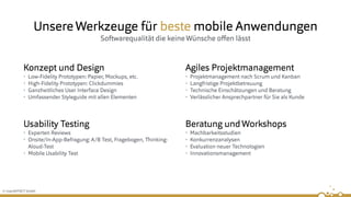 © insertEFFECT GmbH
UnsereWerkzeuge für beste mobile Anwendungen
Softwarequalität die keineWünsche oﬀen lässt
Usability Testing
• Experten Reviews
• Onsite/In-App-Befragung: A/B Test, Fragebogen, Thinking-
Aloud-Test
• Mobile Usability Test
Konzept und Design
• Low-Fidelity Prototypen: Papier, Mockups, etc.
• High-Fidelity Prototypen: Clickdummies
• Ganzheitliches User Interface Design
• Umfassender Styleguide mit allen Elementen
Agiles Projektmanagement
• Projektmanagement nach Scrum und Kanban
• Langfristige Projektbetreuung
• Technische Einschätzungen und Beratung
• Verlässlicher Ansprechpartner für Sie als Kunde
Beratung undWorkshops
• Machbarkeitsstudien
• Konkurrenzanalysen
• Evaluation neuer Technologien
• Innovationsmanagement
 