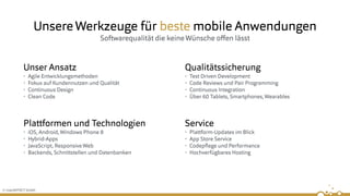 © insertEFFECT GmbH
UnsereWerkzeuge für beste mobile Anwendungen
Softwarequalität die keineWünsche oﬀen lässt
Plattformen und Technologien
• iOS, Android,Windows Phone 8
• Hybrid-Apps
• JavaScript, ResponsiveWeb
• Backends, Schnittstellen und Datenbanken
Unser Ansatz
• Agile Entwicklungsmethoden
• Fokus auf Kundennutzen und Qualität
• Continuous Design
• Clean Code
Qualitätssicherung
• Test Driven Development
• Code Reviews und Pair Programming
• Continuous Integration
• Über 60 Tablets, Smartphones,Wearables
Service
• Plattform-Updates im Blick
• App Store Service
• Codepﬂege und Performance
• Hochverfügbares Hosting
 