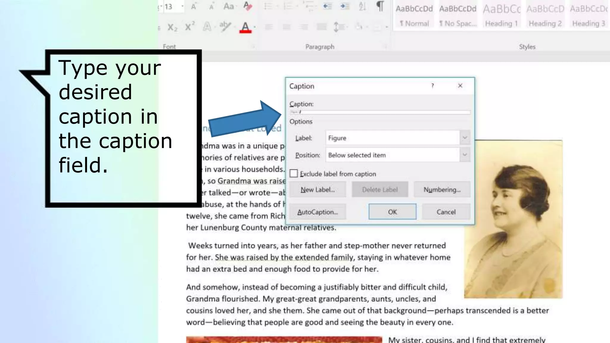 Type your
desired
caption in
the caption
field.
 