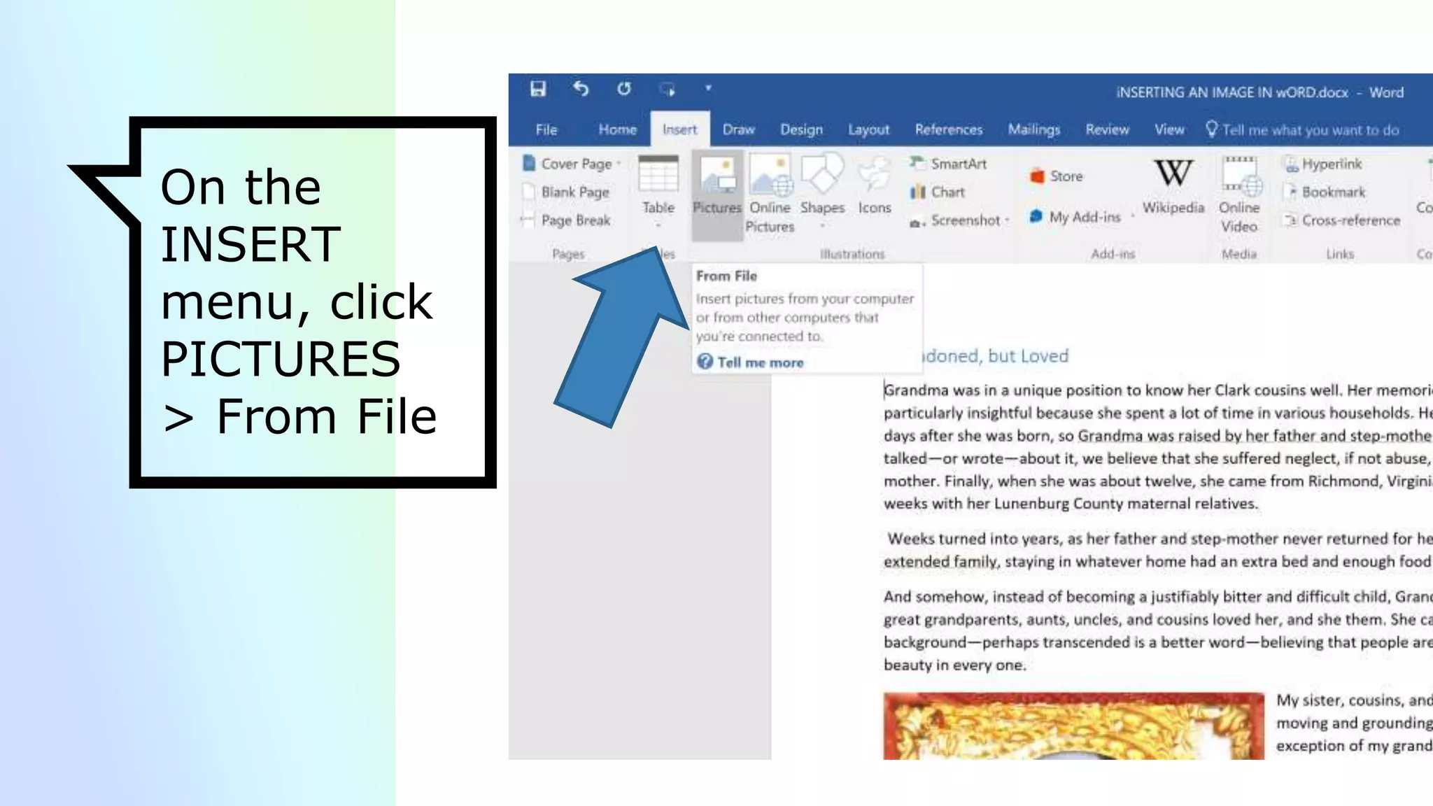 On the
INSERT
menu, click
PICTURES
> From File
 