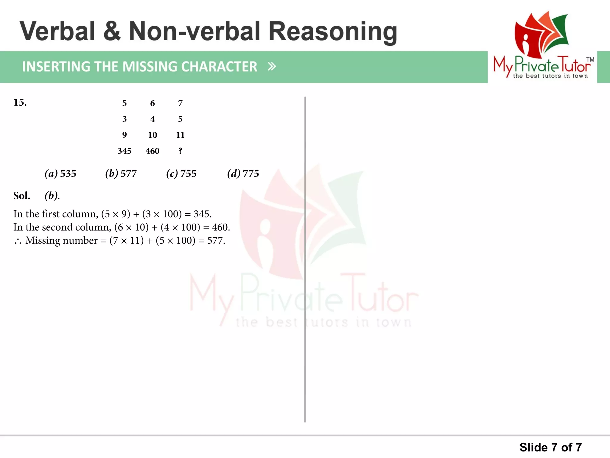 Slide 7 of 7
Sol. (b).
In the first column, (5 × 9) + (3 × 100) = 345.
In the second column, (6 × 10) + (4 × 100) = 460.
∴ Missing number = (7 × 11) + (5 × 100) = 577.
15.
(a) 535 (b) 577 (c) 755 (d) 775
5 6 7
3 4 5
9 10 11
345 460 ?
 