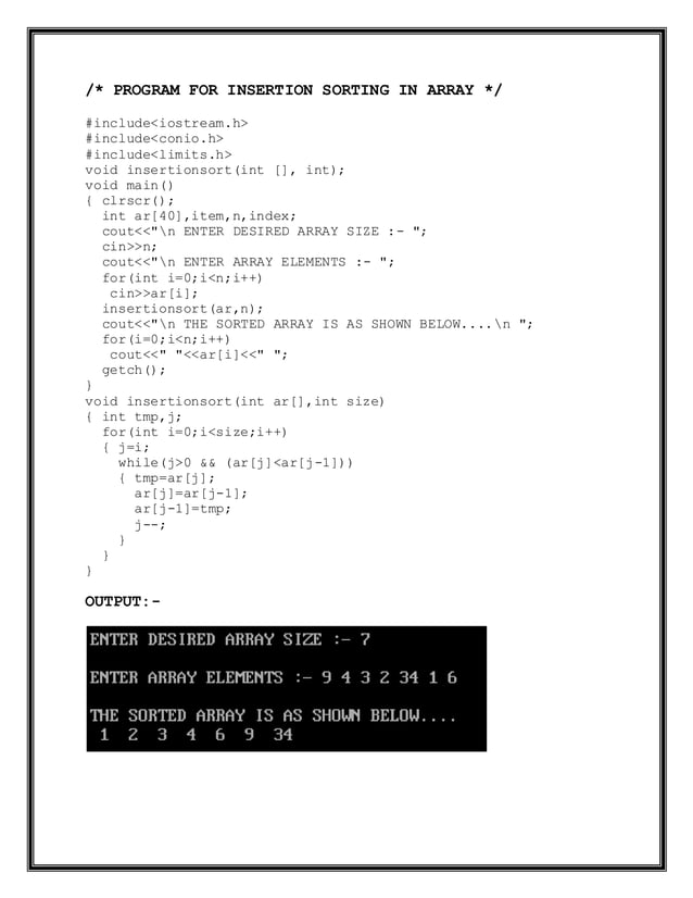 PROGRAM FOR INSERTION SORTING IN ARRAY | PDF
