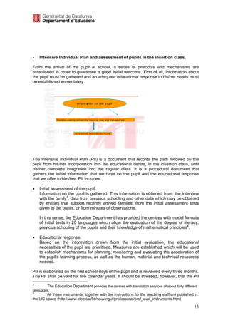 •   Intensive Individual Plan and assessment of pupils in the insertion class.

From the arrival of the pupil at school, a series of protocols and mechanisms are
established in order to guarantee a good initial welcome. First of all, information about
the pupil must be gathered and an adequate educational response to his/her needs must
be established immediately.




                                      Info rm a tio n o n th e p up il




               D ec is ion -m ak in g c o n c ern in g learn in g p lan a n d m an ag e m en t




                                    IN T E N S IVE IN D IV ID U AL P L A N




The Intensive Individual Plan (PII) is a document that records the path followed by the
pupil from his/her incorporation into the educational centre, in the insertion class, until
his/her complete integration into the regular class. It is a procedural document that
gathers the initial information that we have on the pupil and the educational response
that we offer to him/her. PII includes:

•   Initial assessment of the pupil.
    Information on the pupil is gathered. This information is obtained from: the interview
    with the family3, data from previous schooling and other data which may be obtained
    by entities that support recently arrived families, from the initial assessment tests
    given to the pupils, or from minutes of observations.

    In this sense, the Education Department has provided the centres with model formats
    of initial tests in 20 languages which allow the evaluation of the degree of literacy,
    previous schooling of the pupils and their knowledge of mathematical principles4.

•   Educational response.
    Based on the information drawn from the initial evaluation, the educational
    necessities of the pupil are prioritised. Measures are established which will be used
    to establish mechanisms for planning, monitoring and evaluating the acceleration of
    the pupil’s learning process, as well as the human, material and technical resources
    needed.

PII is elaborated on the first school days of the pupil and is reviewed every three months.
The PII shall be valid for two calendar years. It should be stressed, however, that the PII
3
         The Education Department provides the centres with translation services of about forty different
languages.
4
         All these instruments, together with the instructions for the teaching staff are published in
the LIC space (http://www.xtec.cat/lic/nouvingut/professorat/prof_aval_instruments.htm)

                                                                                                       13
 