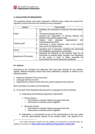 6. EVALUATION OF RESOURCES

The evaluative actions have been organised in different areas, taking into account the
regulatory function that has to be inherent to every evaluation:

            AREAS                                          FUNCTIONS
                                  •   facilitating the processes of personal and family follow-
                                      up
Pupils                            •   monitoring language learning
                                  •   adjusting the organisation of learning between the
                                      insertion class and the regular class
                                  •   making        more    adequate      organisational    and
                                      methodological decisions
Teaching staff                    •   intervening in group dynamics, both in the insertion
                                      class and in the regular class.
                                  •   assessing and, if necessary, modifying the welcoming
School
                                      and integration processes for newcomers.
                                  •   assessing the efficiency of the insertion class as an
                                      instrument to facilitate better reception and integration
Department of Education
                                      of new pupils, in order to define proposals for
                                      improvement and future intervention guidelines


6.1. Actions

According to the principles and objectives that have been decided for the insertion
classes, different evaluative actions have been established, especially in relation to the
following aspects:

•   Degree of integration of the newcomers
•   Language learning at school
•   Organisational coherence with which the centres implement this resource.

More concretely, the actions are the following:

a) On the part of the Subdirectorate General for Language and Social Cohesion

         1) Elaborating and publishing assessment instruments5

            • Primary School:
              •   Instruments to evaluate Catalan language at A2 level
              •   Instruments to evaluate school integration

           •   Secondary School:
               •  Instruments to evaluate Catalan language at A2 level
               •  Instruments to evaluate school integration

         2) Elaborating, a computerised survey of the characteristics of the new pupils
            and the organisational aspects of the insertion class6. The objective is to

5
         All of these instruments, together with the guidelines and instructions to administer tests, are
published in the Espai LIC. (http://www.xtec.cat/lic/nouvingut/profe_orienta.htm)

                                                                                                      16
 