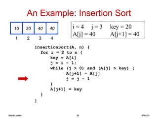 David Luebke 23 07/01/15
An Example: Insertion Sort
InsertionSort(A, n) {
for i = 2 to n {
key = A[i]
j = i - 1;
while (j > 0) and (A[j] > key) {
A[j+1] = A[j]
j = j - 1
}
A[j+1] = key
}
}
10 30 40 40
1 2 3 4
i = 4 j = 3 key = 20
A[j] = 40 A[j+1] = 40
 