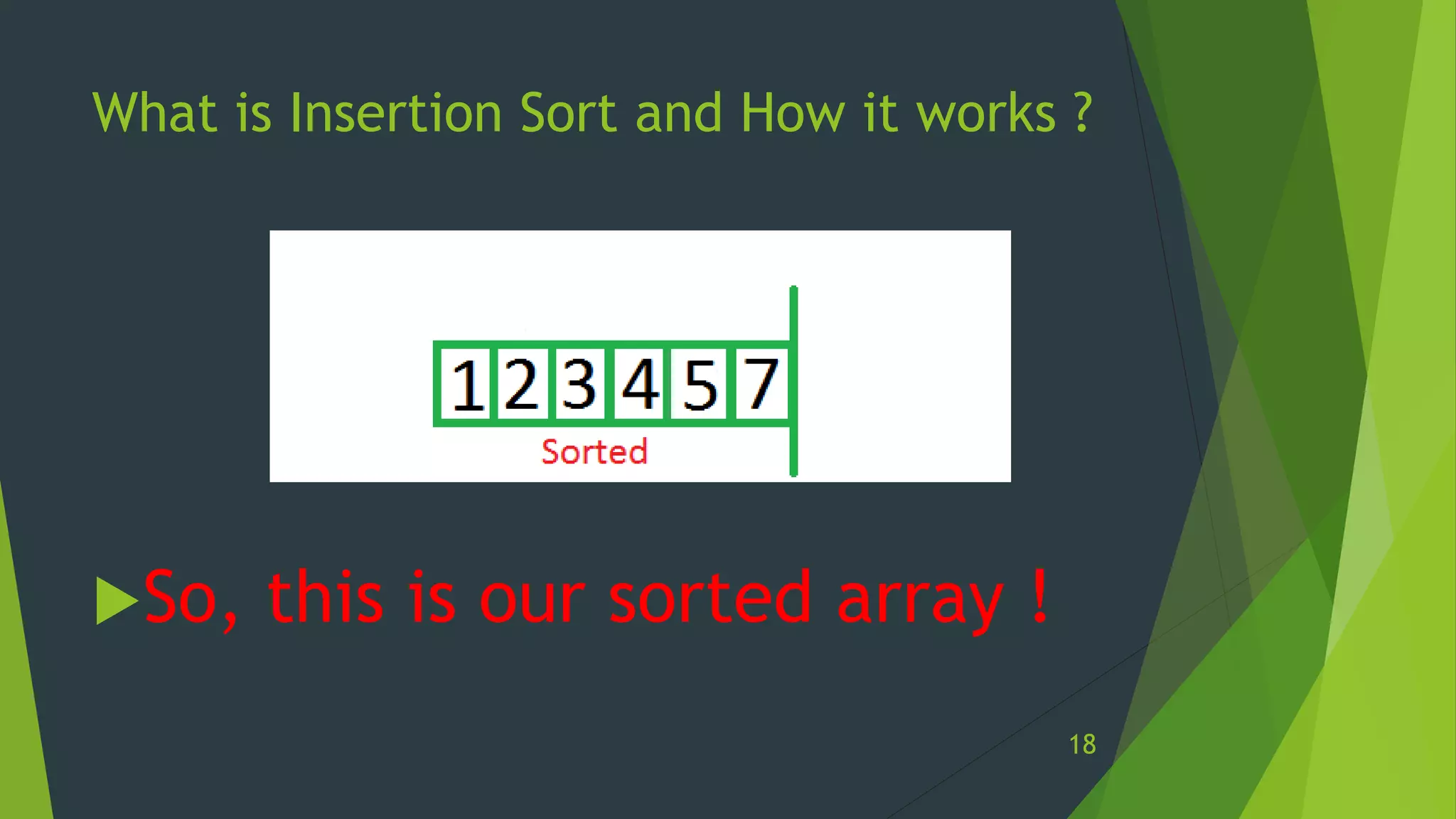 What is Insertion Sort and How it works ?
So, this is our sorted array !
18
 