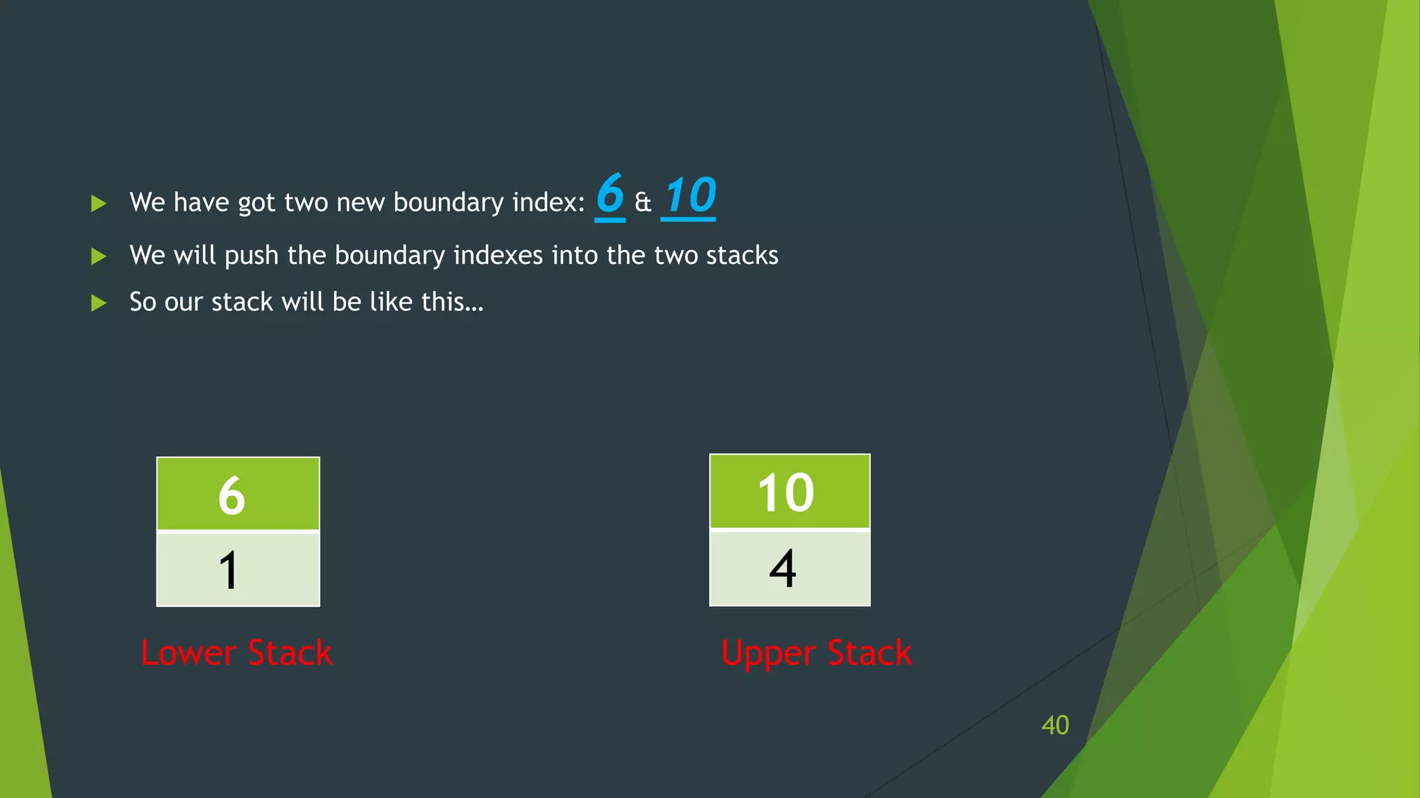 We have got two new boundary index: 6 & 10
 We will push the boundary indexes into the two stacks
 So our stack will be like this…
6
1
10
4
Lower Stack Upper Stack
40
 