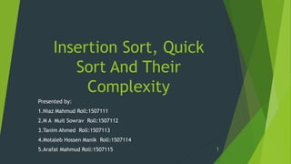 Insertion Sort, Quick
Sort And Their
Complexity
Presented by:
1.Niaz Mahmud Roll:1507111
2.M A Muit Sowrav Roll:1507112
3.Tanim Ahmed Roll:1507113
4.Motaleb Hossen Manik Roll:1507114
5.Arafat Mahmud Roll:1507115 1
 