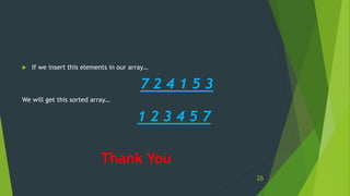  If we insert this elements in our array…
7 2 4 1 5 3
We will get this sorted array…
1 2 3 4 5 7
Thank You
26
 