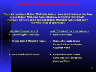 COMMON HIDDEN MARKETING ASSETS
There are numerous Hidden Marketing Assets. Your small business may have
unique Hidden Marketing Assets that may be limiting your growth.
However, there are some common Hidden Marketing Assets that apply
to a wide range of businesses.
UNDERPERFORMING ASSETS NEGATIVE IMPACT ON YOUR BUSINESS
• Advertising that falls short
• Broken Sales & Marketing Process
• Poor Website Performance
• Reduces Prospects
• Reduces Prospects, Lowers
Conversion Rate, and Lowers
Customer Worth
• Reduces Prospects, Lowers
Conversion Rate, and Lowers
Customer Worth
13
 