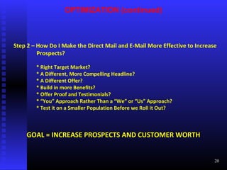 OPTIMIZATION (continued)
Step 2 – How Do I Make the Direct Mail and E-Mail More Effective to Increase
Prospects?
* Right Target Market?
* A Different, More Compelling Headline?
* A Different Offer?
* Build in more Benefits?
* Offer Proof and Testimonials?
* “You” Approach Rather Than a “We” or “Us” Approach?
* Test it on a Smaller Population Before we Roll it Out?
GOAL = INCREASE PROSPECTS AND CUSTOMER WORTH
20
 