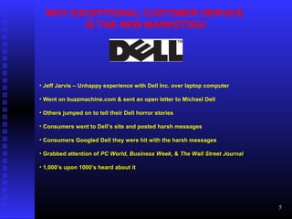 WHY EXCEPTIONAL CUSTOMER SERVICE
IS THE NEW MARKETING!
• Jeff Jarvis – Unhappy experience with Dell Inc. over laptop computer
• Went on buzzmachine.com & sent an open letter to Michael Dell
• Others jumped on to tell their Dell horror stories
• Consumers went to Dell’s site and posted harsh messages
• Consumers Googled Dell they were hit with the harsh messages
• Grabbed attention of PC World, Business Week, & The Wall Street Journal
• 1,000’s upon 1000’s heard about it
5
 