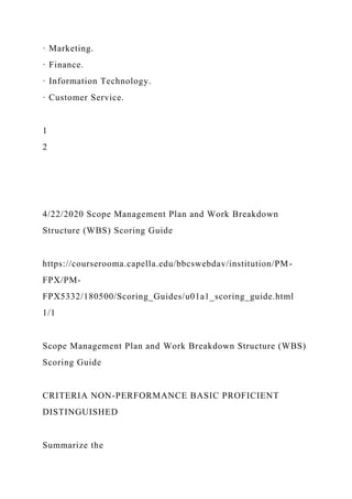 · Marketing.
· Finance.
· Information Technology.
· Customer Service.
1
2
4/22/2020 Scope Management Plan and Work Breakdown
Structure (WBS) Scoring Guide
https://courserooma.capella.edu/bbcswebdav/institution/PM-
FPX/PM-
FPX5332/180500/Scoring_Guides/u01a1_scoring_guide.html
1/1
Scope Management Plan and Work Breakdown Structure (WBS)
Scoring Guide
CRITERIA NON-PERFORMANCE BASIC PROFICIENT
DISTINGUISHED
Summarize the
 