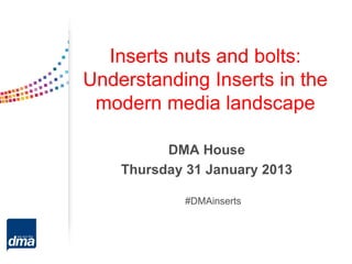 Inserts nuts and bolts:
Understanding Inserts in the
 modern media landscape

          DMA House
    Thursday 31 January 2013

            #DMAinserts
 