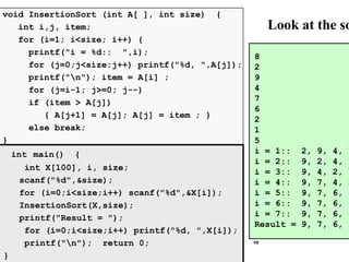 10
Look at the so
8
2
9
4
7
6
2
1
5
i = 1:: 2, 9, 4, 7
i = 2:: 9, 2, 4, 7
i = 3:: 9, 4, 2, 7
i = 4:: 9, 7, 4, 2
i = 5:: 9, 7, 6, 4
i = 6:: 9, 7, 6, 4
i = 7:: 9, 7, 6, 4
Result = 9, 7, 6, 5
void InsertionSort (int A[ ], int size) {
int i,j, item;
for (i=1; i<size; i++) {
printf("i = %d:: ",i);
for (j=0;j<size;j++) printf("%d, ",A[j]);
printf("n"); item = A[i] ;
for (j=i-1; j>=0; j--)
if (item > A[j])
{ A[j+1] = A[j]; A[j] = item ; }
else break;
}
int main() {
int X[100], i, size;
scanf("%d",&size);
for (i=0;i<size;i++) scanf("%d",&X[i]);
InsertionSort(X,size);
printf("Result = ");
for (i=0;i<size;i++) printf("%d, ",X[i]);
printf("n"); return 0;
}
 
