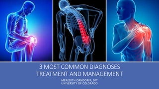 3 MOST COMMON DIAGNOSES
TREATMENT AND MANAGEMENT
MEREDITH ORNDORFF, SPT
UNIVERSITY OF COLORADO
 
