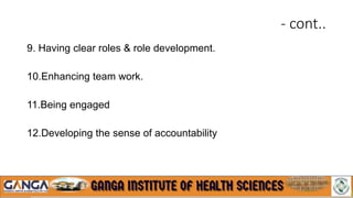 - cont..
9. Having clear roles & role development.
10.Enhancing team work.
11.Being engaged
12.Developing the sense of accountability
 