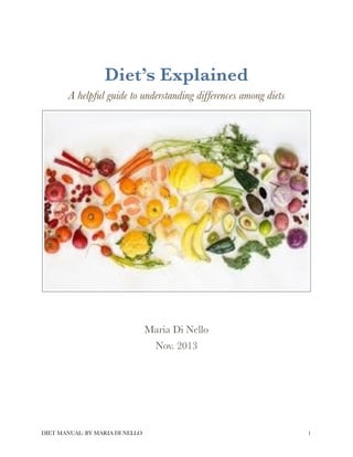 !
!

Diet’s Explained
A helpful guide to understanding differences among diets

!
Maria Di Nello
Nov. 2013 

DIET MANUAL: BY MARIA DI NELLO	

	 !1

 