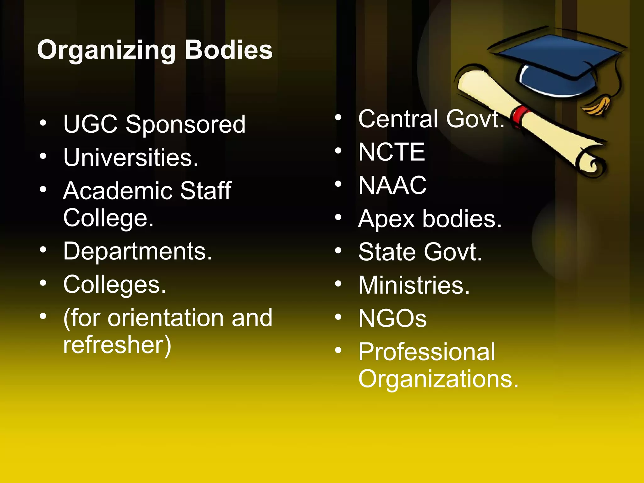 Organizing Bodies UGC Sponsored Universities. Academic Staff College. Departments. Colleges. (for orientation and refresher) Central Govt. NCTE NAAC Apex bodies. State Govt. Ministries. NGOs Professional Organizations.
