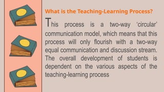 What is the Teaching-Learning Process?
This process is a two-way ‘circular’
communication model, which means that this
process will only flourish with a two-way
equal communication and discussion stream.
The overall development of students is
dependent on the various aspects of the
teaching-learning process