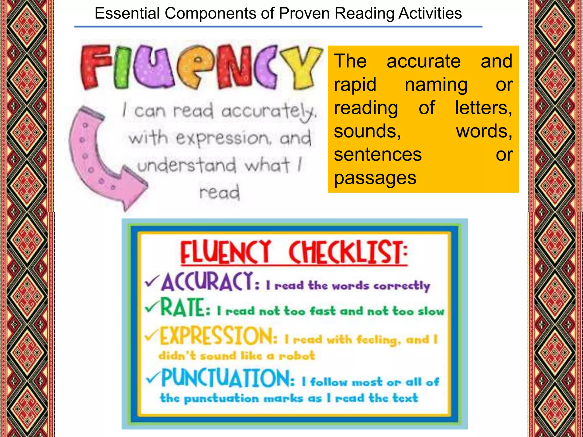 Essential Components of Proven Reading Activities
The accurate and
rapid naming or
reading of letters,
sounds, words,
sentences or
passages
 