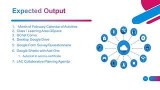 15
1. Month of February Calendar of Activities
2. Class / Learning Area GSpace
3. GChat Convo
4. Desktop Google Drive
5. Google Form Survey/Quaestionnaire
6. Google Sheets with Add-Ons
1. Autocrat to send e-certificate
7. LAC Collaborative Planning Agenda
 