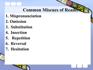 Common Miscues of Readers
1. Mispronunciation
2. Omission
3. Substitution
4. Insertion
5. Repetition
6. Reversal
7. Hesitation
 