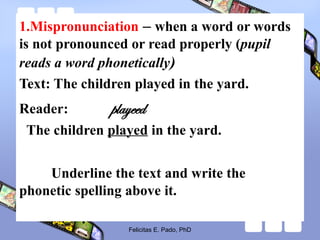 1.Mispronunciation – when a word or words
is not pronounced or read properly (pupil
reads a word phonetically)
Text: The children played in the yard.
Reader: playeed
The children played in the yard.
Underline the text and write the
phonetic spelling above it.
Felicitas E. Pado, PhD
 