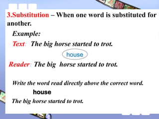 3.Substitution – When one word is substituted for
another.
Example:
Text: The big horse started to trot.
Reader: The big horse started to trot.
Write the word read directly above the correct word.
house
The big horse started to trot.
house
 