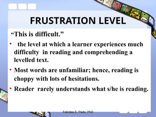 FRUSTRATION LEVEL
“This is difficult.”
• the level at which a learner experiences much
difficulty in reading and comprehending a
levelled text.
• Most words are unfamiliar; hence, reading is
choppy with lots of hesitations.
• Reader rarely understands what s/he is reading.
Felicitas E. Pado, PhD
 