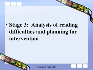 • Stage 3: Analysis of reading
difficulties and planning for
intervention
Felicitas E. Pado, PhD
 