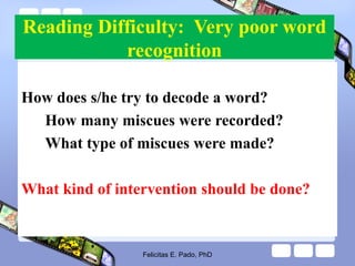 Reading Difficulty: Very poor word
recognition
How does s/he try to decode a word?
How many miscues were recorded?
What type of miscues were made?
What kind of intervention should be done?
Felicitas E. Pado, PhD
 