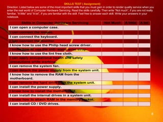 8
SKILLS TEST ( Assignment)
Direction: Listed below are some of the most important skills that you must gain in order to render quality service when you
enter the real world of Computer Hardware Servicing. Read the skills carefully. Then write “Not much”, if you are not really
familiar, “A little” and “A lot”, if you are familiar with the skill. Feel free to answer each skill. Write your answers in your
notebook.
Skills in Computer Hardware Servicing Not Much A little A lot
I can open a computer case.
I can connect the mouse.
I can connect the keyboard.
I can connect the monitor.
I know how to use the Philip head screw driver.
I know how to use the anti- static wrist strap.
I know how to use the lint free cloth.
I can apply occupational health and safety
precautions while working.
I can remove the system fan.
I can detach the power supply from the system unit.
I know how to remove the RAM from the
motherboard.
I can remove the hard drive from the system unit.
I can install the power supply.
I know how to install the motherboard.
I can install the internal drives in a system unit.
I know how to attach RAM in the memory socket.
I can install CD / DVD drives.
 