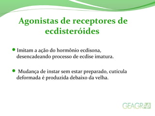 Imitam a ação do hormônio ecdisona,
desencadeando processo de ecdise imatura.
 Mudança de instar sem estar preparado, cutícula
deformada é produzida debaixo da velha.
Agonistas de receptores de
ecdisteróides
 