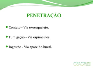 Contato - Via exoesqueleto.
Fumigação - Via espiráculos.
Ingestão - Via aparelho bucal.
PENETRAÇÃO
 