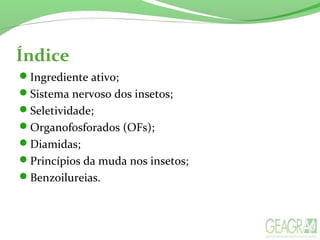 Índice
Ingrediente ativo;
Sistema nervoso dos insetos;
Seletividade;
Organofosforados (OFs);
Diamidas;
Princípios da muda nos insetos;
Benzoilureias.
 