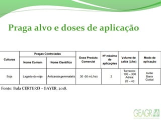 Praga alvo e doses de aplicação
Fonte: Bula CERTERO – BAYER, 2018.
 