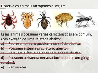 Observe os animais artrópodes a seguir:
Esses animais possuem várias características em comum,
com exceção de uma relatada abaixo:
a) Representam um problema de saúde pública.
b) Possuem sistema circulatório aberto.
c) Possuem olfato e paladar bem desenvolvidos.
d) Possuem o sistema nervoso formado por um gânglio
cerebral.
e) São insetos. 52
 