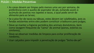 • As casas devem ser limpas pelo menos uma vez por semana, de
preferência com o auxílio de aspirador de pó, evitando assim o
acúmulo de poeiras nos tapetes e tacos, a qual pode servir de
alimento para as larvas;
• Se o piso for de tacos ou tábuas, estes devem ser calafetados, pois as
fendas existentes entre eles podem constituir criadouros para pulgas;
• Deve-se manter a higiene periódica dos animais domésticos, bem
como lavagem frequente da “cama” do animal (panos, esteiras ou
similares);
• Deve-se observar medidas de limpeza para evitar proliferação de
roedores;
• Usar calçados para impedir a penetração de pulgas “bicho-de-pé”.
PULGA – Medidas Preventivas
 